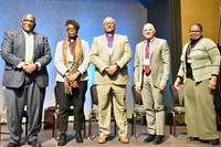 Five bishops participated in an episcopal dialogue during Black Methodists for Church Renewal’s General Meeting March 7 in Cincinnati. From left are Bishops Gregory Palmer, Delores Williamston, Julius Trimble, John Schol and Robin Dease. Photo by John Coleman, UM News.