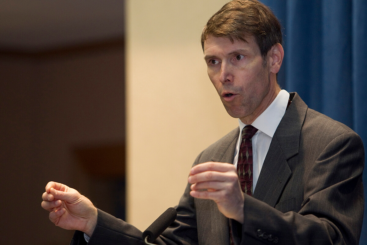 Dale Jones of Wespath, The United Methodist Church’s pension and benefits agency, discusses the denomination’s pension program during the pre-General Conference news briefing at the Tampa Convention Center in Florida in 2012. Jones and other Wespath staff had a hand in crafting the regionalization legislation going before the 2024 General Conference. Agency staff see the proposed changes as crucial to the work of supporting church workers in retirement. File photo by Mike DuBose, UM News.