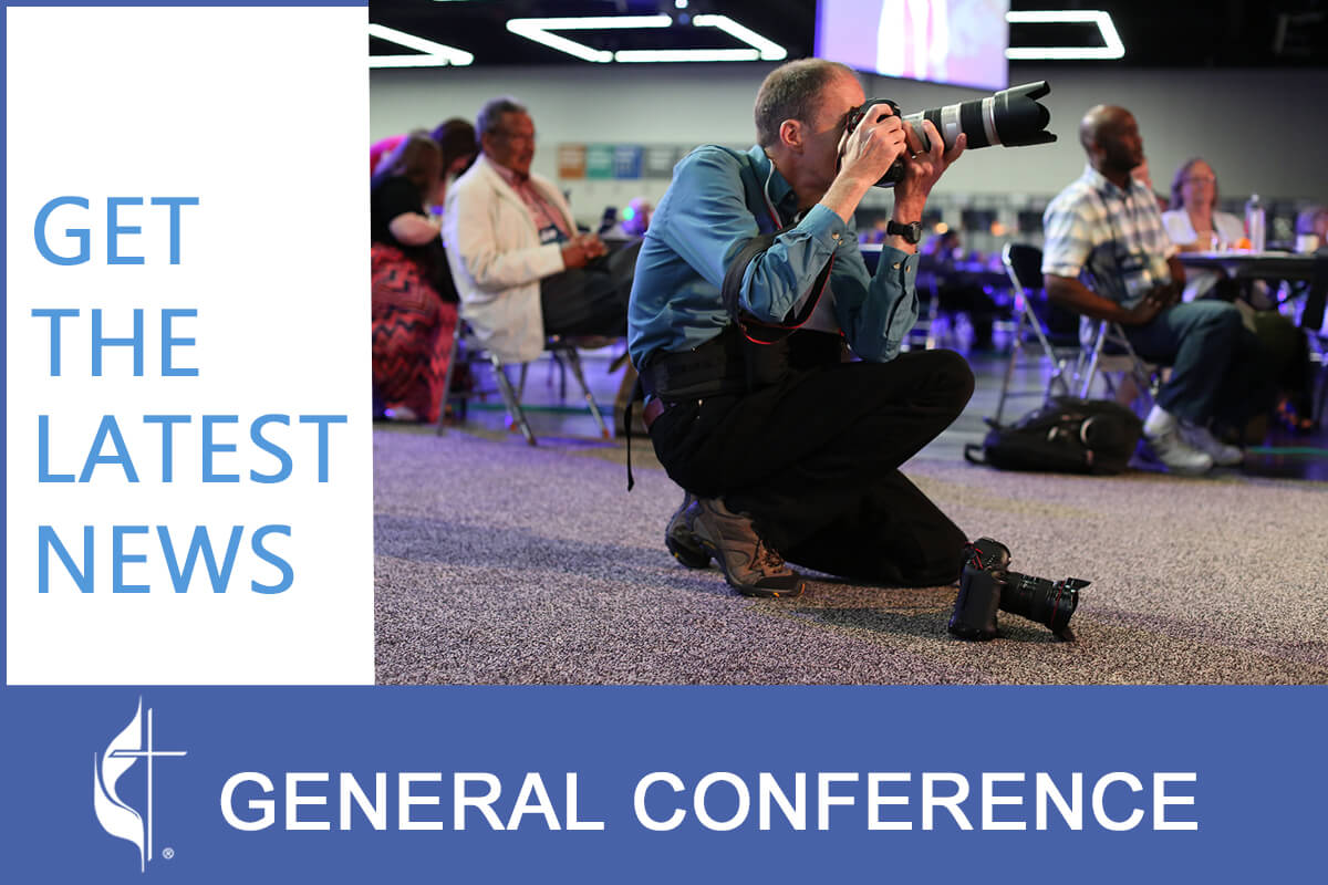 Whether you follow Twitter, Facebook or the United Methodist News site, timely stories on what’s happening at General Conference 2024 will be available. UM News photographer Mike DuBose was captured at work during the 2016 United Methodist General Conference in Portland, Ore. Photo by Kathleen Barry; graphic by Laurens Glass, UM News.