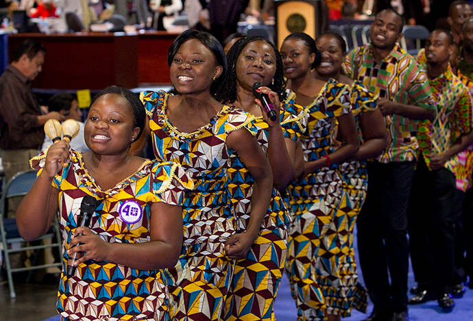 The Africa University Choir leads delegates and guests to the Higher Education Night celebration at the 2012 United Methodist General Conference in Tampa, Fla. Because of visa problems, the choir had to cancel its trip to the General Conference that begins April 23 in Charlotte, N.C. File photo by Mike DuBose, UM News.