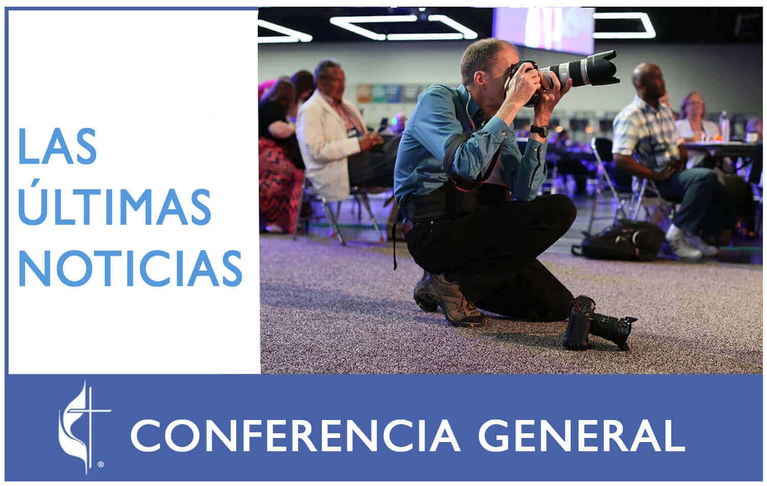 Ya sea que siga las redes sociales (Instagram, Twitter, Facebook, Tik Tok) o la web de Noticias metodistas Unidas, podrá encontrar información oportuna, veraz y precisa  sobre lo que sucederá en la Conferencia General de 2024. En la gráfica, el fotógrafo de Noticias MU Mike DuBose, es captado realizando su trabajo fotográfico durante la Conferencia General de 2016 en Portland, Oregón. Foto de Kathleen Barry; gráfico original de Laurens Glass; versión en español Rev. Gustavo Vasquez, Noticias MU.