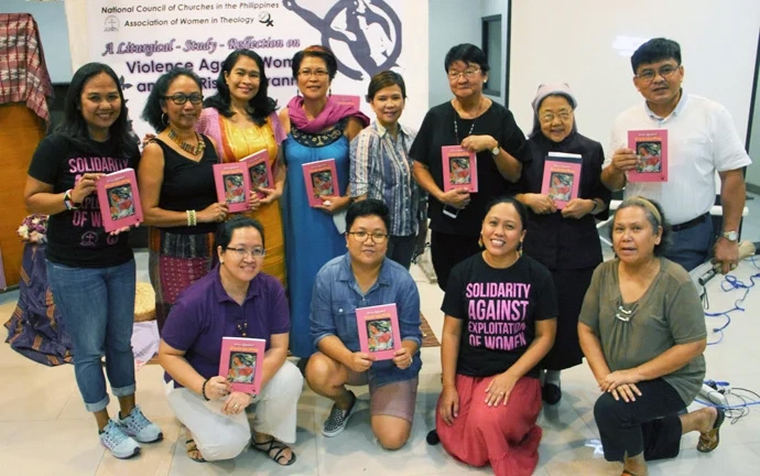 The authors of the book, “Pinay Magnificat: Living Out Our Theology,” a collection of poems and essays published by the Association of Women in Theology, pose during a 2017 ecumenical gathering that addressed the vulnerability of women to violence in Quezon City, Philippines. Norma P. Dollaga (second from left), a United Methodist deaconess and one of the authors, said the book contains Filipino women’s stories of seeking to bring into the light God’s many acts of liberation through the people’s collective action for peace and justice. File photo by Jonathan Sta. Rosa.