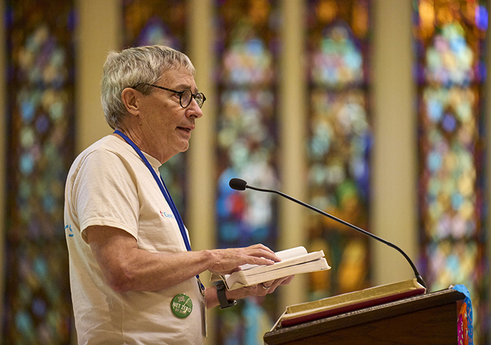 The Rev. Pat Watkins, a leader of the United Methodist Creation Justice Movement, reads Scripture during a service marking Earth Day at First United Methodist Church of Charlotte before the 2024 United Methodist General Conference in Charlotte, N.C. Photo by Paul Jeffrey, UM News.