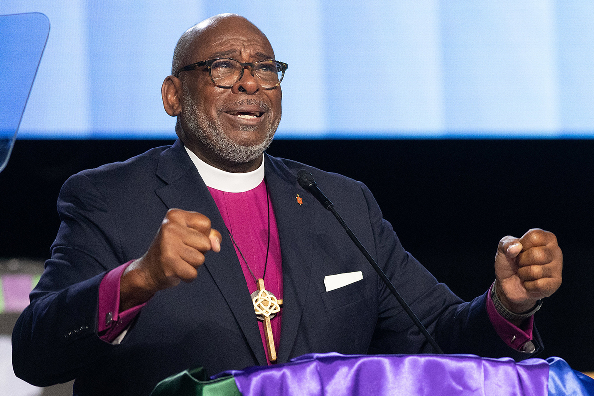 Bishop L. Jonathan Holston gives the Episcopal Address during the United Methodist General Conference April 24 in Charlotte, N.C. Holston, who leads the South Carolina Conference, encouraged delegates to tune out the noise and focus on God’s work. Photo by Mike DuBose, UM News.