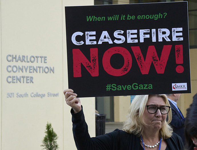 The Rev. Kristin Stoneking participates in an April 25 rally in support of the people of Gaza at the 2024 United Methodist General Conference in Charlotte, N.C. The demonstration was sponsored by the United Methodist Kairos Response. Stoneking is a reserve clergy delegate from the California-Nevada Annual Conference. Photo by Paul Jeffrey, UM News.