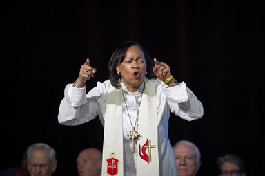 Mississippi Conference Bishop Sharma Lewis preaches at the April 26 morning worship service at the United Methodist General Conference in Charlotte, N.C. Lewis encouraged delegates to leave room for the Holy Spirit in their deliberations as the legislative assembly continues through May 3. Photo by Paul Jeffrey, UM News. Mississippi Conference Bishop Sharma Lewis preaches at the April 26 morning worship service at the United Methodist General Conference in Charlotte, N.C. Lewis encouraged delegates to leave room for the Holy Spirit in their deliberations as the legislative assembly continues through May 3. Photo by Paul Jeffrey, UM News.