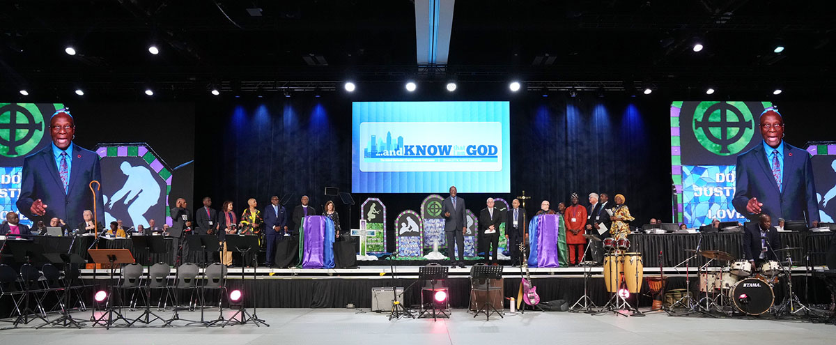 Jim Salley, president/chief executive officer of Africa University Inc. and a delegate from South Carolina, introduces the board of Africa University to the United Methodist General Conference in Charlotte, N.C. Monday April 29. Photo by Larry McCormack, UM News.