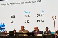 Bishop David Alan Bard of the Michigan Episcopal Area views the result of a close vote during debate April 30 at the United Methodist General Conference in Charlotte, N.C. Delegates voted to reduce the base rate for The United Methodist Church’s apportionment formula. Photo by Paul Jeffrey, UM News.
