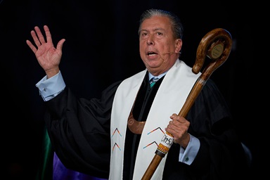 Bishop David Wilson, the first Native American to be elected a United Methodist bishop, preaches on May 1 during morning worship at the United Methodist General Conference in Charlotte, N.C. Photo by Paul Jeffrey, UM News.
