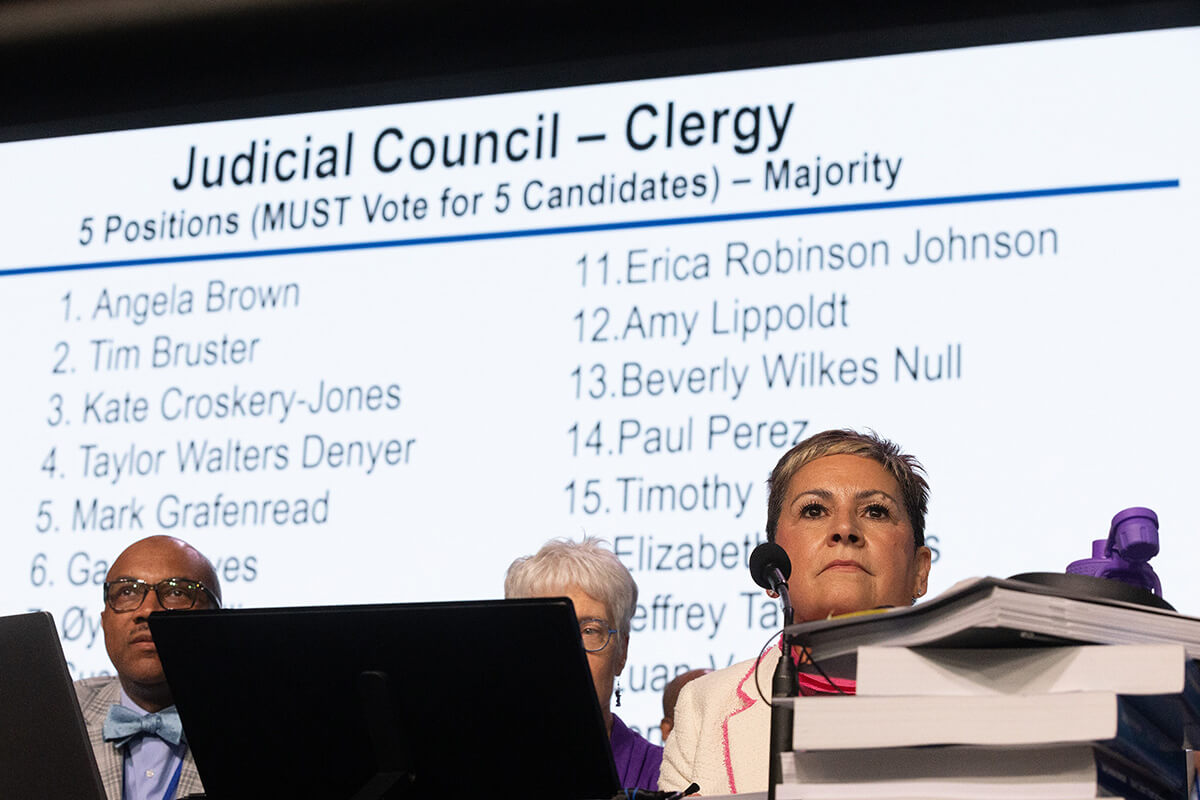 Bishop Cynthia Fierro Harvey (right) presides over the election of Judicial Council members during the  United Methodist General Conference in Charlotte, N.C., on May 1. Photo by Mike DuBose, UM News.
