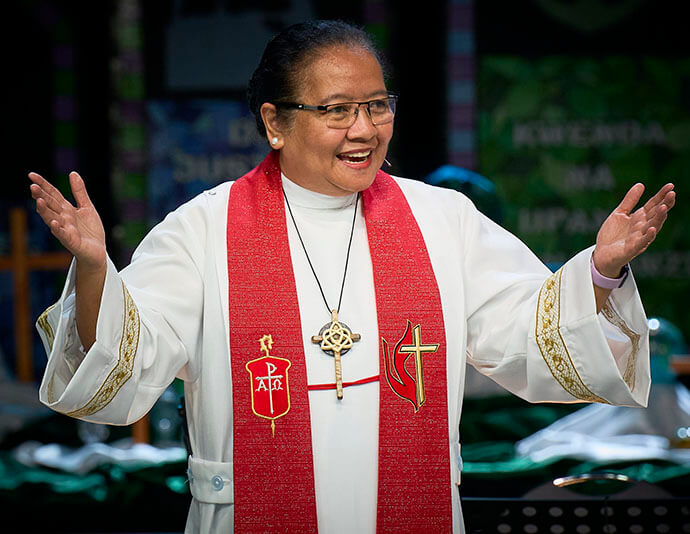Bishop Ruby-Nell M. Estrella from the Philippines preaches during General Conference morning worship on May 2 in Charlotte, N.C. Photo by Paul Jeffrey, UM News.