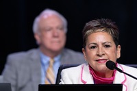 Bishop Cynthia Fierro Harvey presides over a session of the United Methodist General Conference in Charlotte, N.C., on May 1. Behind her is Bishop Thomas Bickerton. Bishops have been commenting on General Conference’s votes to remove restrictions to full LGBTQ participation in The United Methodist Church. Photo by Mike DuBose, UM News.