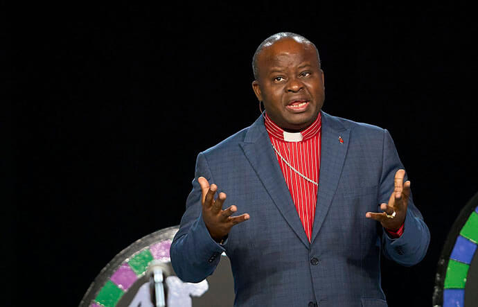 Bishop Mande Muyombo of the North Katanga Area in Congo speaks to an April 26 session of the United Methodist General Conference in Charlotte, N.C. Muyombo said African United Methodists will continue in a traditional understanding of marriage as between one man and one woman. Photo by Paul Jeffrey, UM News.