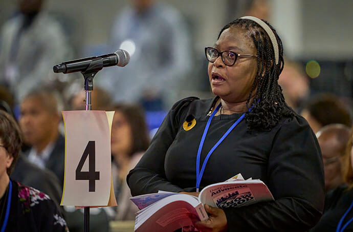 Molly Hlekani Mwayera, a lay delegate from the Zimbabwe East Conference, proposes an amendment to a revision of the Social Principles dealing with marriage during the May 2 afternoon plenary session of the United Methodist General Conference in Charlotte, N.C. Photo by Paul Jeffrey, UM News.