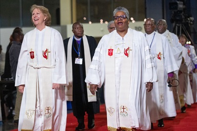 A procession of United Methodist bishops leads opening worship at the United Methodist General Conference in Charlotte, N.C. The United Methodist Church’s top court released two decisions related to bishops on May 2. Photo by Mike DuBose, UM News.