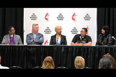 From left, Bishop Cedrick D. Bridgeforth, the Rev. John Stephens, Bishop Tracy S. Malone, the Rev. Effie McAvoy and Bishop Connie Shelton talk about the future of The United Methodist Church at a press conference May 2 at General Conference in Charlotte, N.C. Photo by Larry McCormack, UM News.