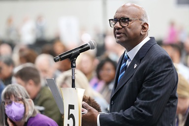 The Rev. Moses Kumar, top executive of the General Council on Finance and Administration, answers a budget-related question on May 3 during the United Methodist General Conference in Charlotte, N.C. Photo by Larry McCormack, UM News.