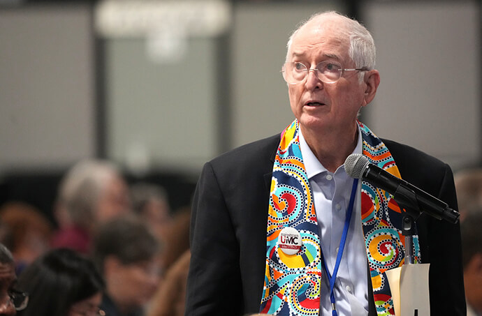 Delegate Jay Brim, Rio Texas Conference, asks a question during debate about the denominational budget on May 3 at the United Methodist General Conference in Charlotte, N.C. Photo by Larry McCormack, UM News.