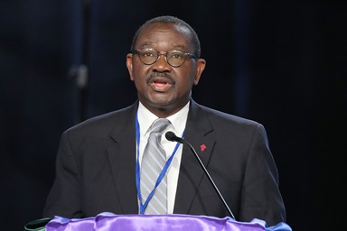 N. Oswald Tweh, president of the Judicial Council, speaks during the United Methodist General Conference in Charlotte, N.C., on May 3. The church’s top court released five decisions and a memorandum on its final day in response to a flurry of requests for declaratory decisions. Photo by Larry McCormack, UM News.