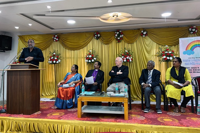 The Rev. Asir Ebenezer, general secretary of the National Council of Churches in India, speaks to the opening session of the “Gender and Sexual Diversities and the Faith Communities” seminar at the Methodist Educational Center in Chennai, India, on Jan. 19. From left to right are Bishop E. D. Yesurathnam, Chennai Area of The Methodist Church of India; Dr. V. Esther Kathiroli, executive secretary of the Tamilnad Christian Council; the Rev. Donald E. Messer, executive director of the Center for Health and Hope; Dr. N. M. Samuel, executive director of The C.A.R.E. Foundation in Namakkal, India; and Inba Ignatius, who has initiated a church ministry primarily with transgender members. Photo courtesy of the Rev. Donald E. Messer. The Rev. Asir Ebenezer, general secretary of the National Council of Churches in India, speaks to the opening session of the “Gender and Sexual Diversities and the Faith Communities” seminar at the Methodist Educational Center in Chennai, India, on Jan. 19. From left to right are Bishop E. D. Yesurathnam, Chennai Area of The Methodist Church of India; Dr. V. Esther Kathiroli, executive secretary of the Tamilnad Christian Council; the Rev. Donald E. Messer, executive director of the Center for Health and Hope; Dr. N. M. Samuel, executive director of The C.A.R.E. Foundation in Namakkal, India; and Inba Ignatius, who has initiated a church ministry primarily with transgender members. Photo courtesy of the Rev. Donald E. Messer.