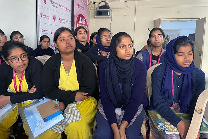 Students at Woodlands College of Nursing based at Woodlands Hospital in Kolkata, India, listen to a doctor’s presentation on how to care for persons infected by HIV. The all-women's school emphasizes compassionate patient care with the latest technology and medical science. Photo by the Rev. Donald E. Messer.