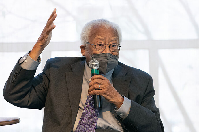 The Rev. James M. Lawson Jr. takes part in a panel discussion during the launch of a research institute named in his honor at Vanderbilt University in Nashville, Tenn., during the COVID-19 pandemic in 2022. Lawson, pastor emeritus of Holman United Methodist Church in Los Angeles, was expelled from Vanderbilt in 1960 for his involvement in civil rights protests. File photo by Mike DuBose, UM News.