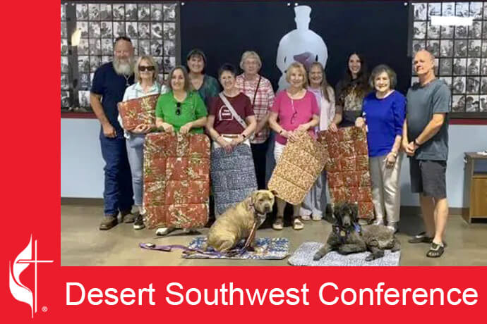 Soldier’s Best Friend (SBF), a non-profit that pairs and trains service dogs for eligible veterans who have PTSD and/or Traumatic Brain Injury, helped the Dove of the Desert United Methodist Church quilters design a dog mat that the veterans can use when they are out in the community. Photo courtesy of the Desert Southwest Conference. Soldier’s Best Friend (SBF), a non-profit that pairs and trains service dogs for eligible veterans who have PTSD and/or Traumatic Brain Injury, helped the Dove of the Desert United Methodist Church quilters design a dog mat that the veterans can use when they are out in the community. Photo courtesy of the Desert Southwest Conference.