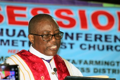 Bishop Samuel J. Quire Jr. delivers the closing message at the 191st session of the Liberia Annual Conference held Feb. 13-18 in Buchanan, Liberia. Following the 2024 General Conference, the bishop released a statement on remaining United Methodist as some members of the Liberia Conference push for a special session. Photo by E Julu Swen.