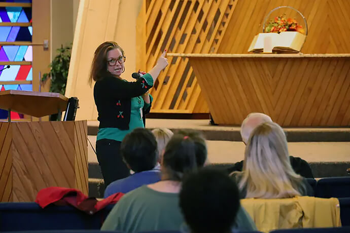 The Rev. Julia Nielsen, United Methodist and director of organizing for the ecumenical Leaven Community Land and Housing Coalition, leads a discussion during the Greater Northwest Area’s Housing God’s Beloved summit. Photo courtesy of Greater Northwest Area.