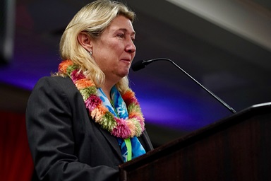 The Rev. Kristin Stoneking speaks after being elected to the episcopacy by The United Methodist Church’s Western Jurisdiction on July 12 in Spokane, Washington. Stoneking was elected on the 11th ballot. Photo by Patrick Scriven, Western Jurisdiction. The Rev. Kristin Stoneking speaks after being elected to the episcopacy by The United Methodist Church’s Western Jurisdiction on July 12 in Spokane, Washington. Stoneking was elected on the 11th ballot. Photo by Patrick Scriven, Western Jurisdiction.