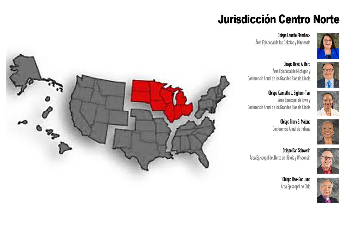 Obispos/as de la Jurisdicción Centro Norte y las asignaciones que recibieron de las conferencia Jurisdiccional 2024. Infografía Rev. Gustavo Vasquez, Noticias MU.