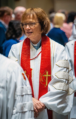 Bishop Debra Wallace-Padgett, who leads the North Alabama and Holston conferences, joins with other bishops in processing during the Northeastern Jurisdictional Conference held July 10-12 in Pittsburgh. Starting Sep 1, Wallace-Padgett will lead both Holston in the Southeastern Jurisdiction and the West Virginia Conference in the Northeastern Jurisdiction. Photo courtesy of the United Methodists of Eastern Pennsylvania Facebook page.