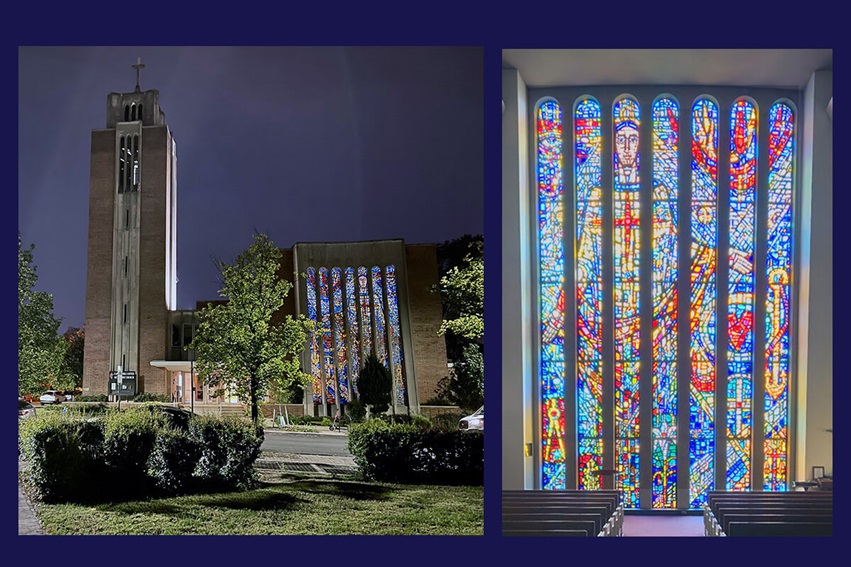 A view of Capitol Hill United Methodist Church in Washington (left), and the stained-glass window of Jesus in the sanctuary (right). A plaque dedicating the window to J. Edgar Hoover is being moved from the sanctuary to another location in the church. Photo courtesy of Capitol Hill United Methodist Church.