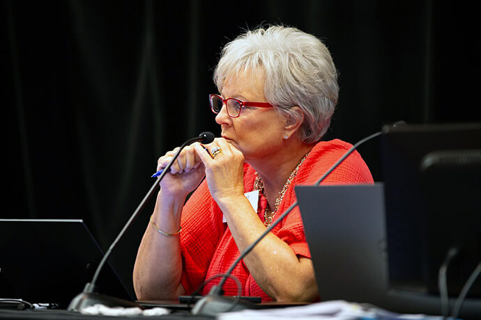 The Rev. Sheila Ahler of the North Carolina Conference listens to discussion during a meeting of the General Agency and Episcopal Matters Committee that she chairs. Photo by Andrew Jensen, General Council on Finance and Administration.