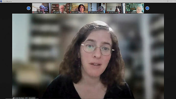 Eszter Koranyi, the Israeli executive director of Combatants for Peace, speaks during an Aug. 28 Zoom meeting sponsored by the Methodist Liaison Office in Jerusalem. The online discussion is coordinated by the Rev. Jane Eesley, a United Methodist missionary in Jerusalem. The regular online conversation began when the Israeli war in Gaza stopped tourism to the region, yet people wanted to maintain the flow of information about the situation in Palestine. Koranyi's organization, composed of former Israeli and Palestinian soldiers and combatants, is a binational nonviolent force that strives to defend victims of the occupation of Palestinian lands. Screenshot from Zoom meeting.