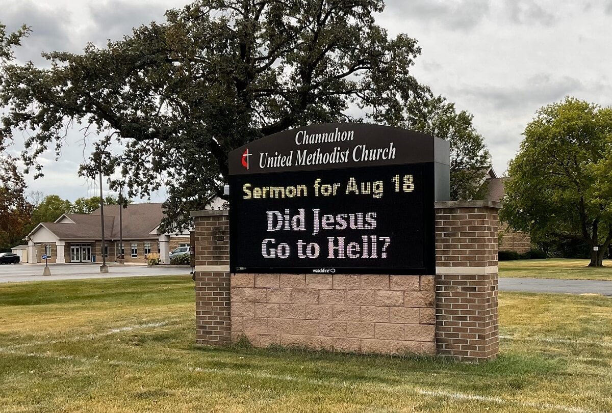 도은배 목사가 섬기는 일리노이주 샤나한 연합감리교회의 디지털 간판에 “예수께서 지옥에 가셨다구요?”라는 설교 제목이 쓰여 있다. 사진 제공, 도은배 목사.