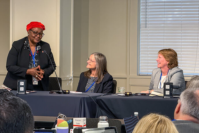 Mozambique Area Bishop Joaquina Nhanala (left), vice president of the United Methodist Board of Global Ministries, talks with Bishops Sandra Steiner Ball, president of the Board of Higher Education and Ministry, and Sue Haupert-Johnson, president of Global Ministries, during the first day of a joint board meeting between the two agencies in Nashville, Tenn. Ball leads the Western Pennsylvania Conference, while Haupert-Johnson oversees the Virginia Conference. Photo by Adam Bowers, United Methodist Board of Global Ministries.