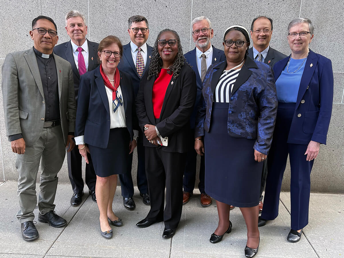 Members of the 2024-2028 Judicial Council are (front row, from left) the Rev. Jonathan Ulanday; the Rev. Susan Henry-Crowe, president; the Rev. Angela Brown, secretary; and Molly Hlekani Mwayera; (back row, from left) Bill Waddell; Andrew Vorbrich; the Rev. Øyvind Helliesen; the Rev. Luan-Vu Tran; and Harriett Olson. The Judicial Council released decisions Oct. 29. Photo by Linda Bloom, UM News.