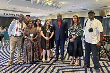 From left, Pacome Nguessan, Matt Crum, Priscilla Muzerengwa, Jennifer Rodia, Ashley Gish, North Katanga Area Bishop Mande Muyombo, Poonam Patodia and Chilima Karima celebrate together at the end of training on regionalization. All but the bishop work for United Methodist Communications. Photo courtesy of United Methodist Communications.  From left, Pacome Nguessan, Matt Crum, Priscilla Muzerengwa, Jennifer Rodia, Ashley Gish, North Katanga Area Bishop Mande Muyombo, Poonam Patodia and Chilima Karima celebrate together at the end of training on regionalization. All but the bishop work for United Methodist Communications. Photo courtesy of United Methodist Communications.