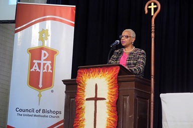 Bishop Tracy S. Malone, who leads the Indiana Conference, delivers her first address as Council of Bishops president during the bishops’ meeting Nov. 4 at Epworth by the Sea Conference Center in St. Simons Island, Ga. She spoke of her hope for The United Methodist Church in moving toward a more inclusive future. Photo by Heather Hahn, UM News. Bishop Tracy S. Malone, who leads the Indiana Conference, delivers her first address as Council of Bishops president during the bishops’ meeting Nov. 4 at Epworth by the Sea Conference Center in St. Simons Island, Ga. She spoke of her hope for The United Methodist Church in moving toward a more inclusive future. Photo by Heather Hahn, UM News.