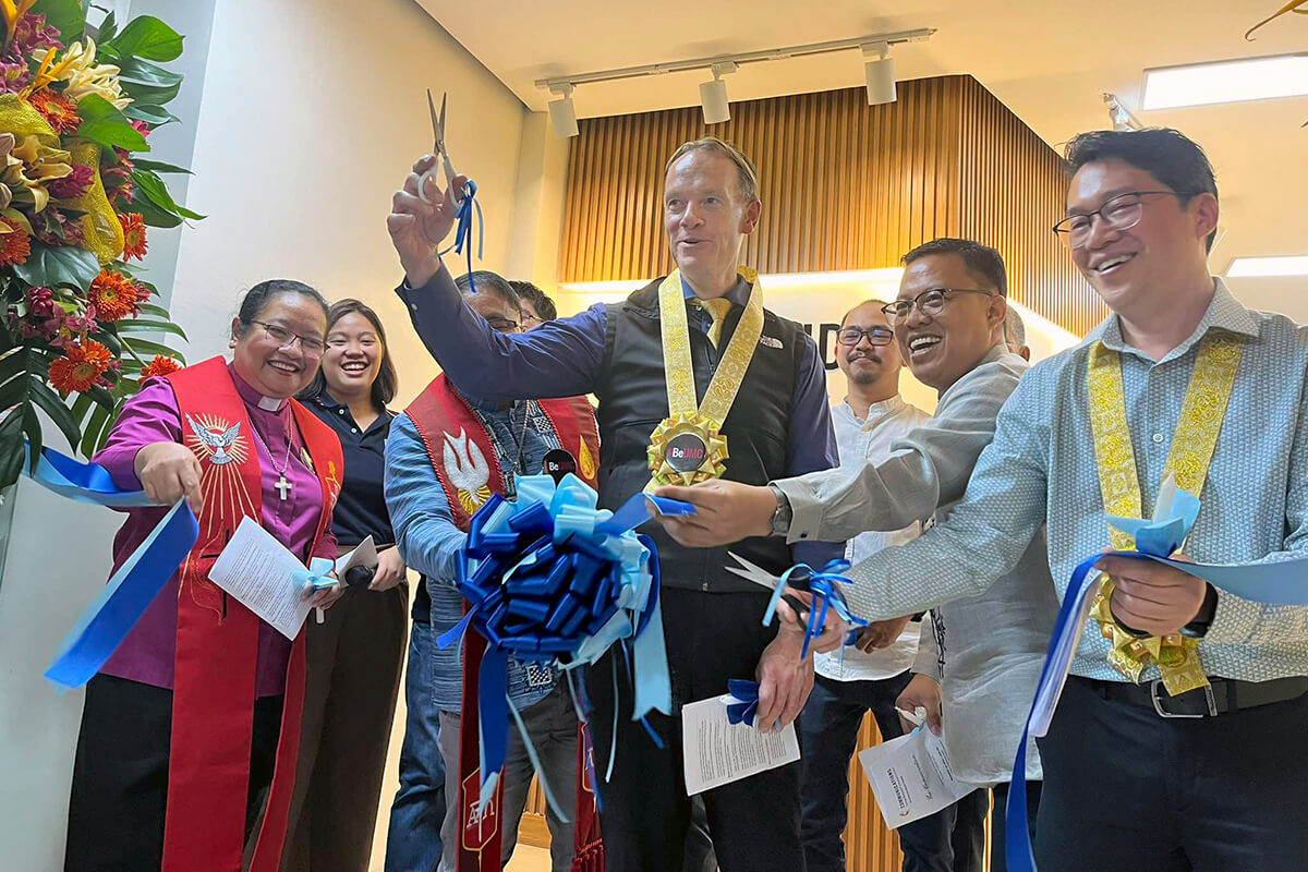 Dan Krause (center), top executive of United Methodist Communications, leads the ribbon-cutting ceremony for the dedication of the new UMC TV Studios in the Philippines on Nov. 15 in Manila, Philippines. He is joined by (front row from left) Manila Area Bishop Ruby-Nell M. Estrella, Baguio Area Bishop Rodel M. Acdal, Davao Area Bishop Israel M. Painit, and Danny Mai, United Methodist Communications’ chief operating officer. Photo by Gladys P. Mangiduyos, UM News.