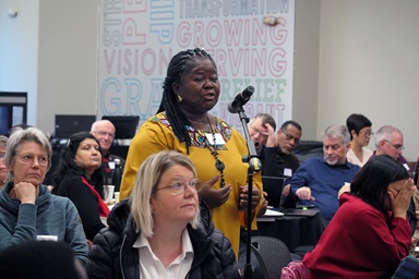 The Rev. Nelly W. Wright of Liberia addresses fellow members of the Standing Committee on Central Conference Matters about work to determine what in the administrative section of the Book of Discipline applies to the whole United Methodist Church and what can be adaptable. Photo by Heather Hahn, UM News. The Rev. Nelly W. Wright of Liberia addresses fellow members of the Standing Committee on Central Conference Matters about work to determine what in the administrative section of the Book of Discipline applies to the whole United Methodist Church and what can be adaptable. Photo by Heather Hahn, UM News.