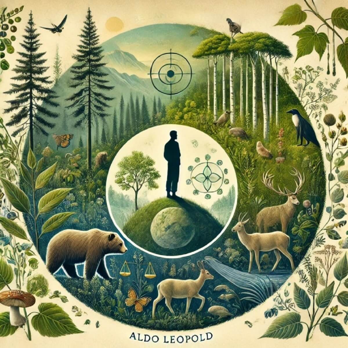 레오폴드는 "대지의 모든 구성원은 그 자체로 가치가 있다."라는 철학적 입장을 통해 자연 보존의 윤리적 기준을 제시하였다. 그래픽 출처, 수재모 “레오폴드의 대지윤리” 통합적 접근 네이버 블로그.