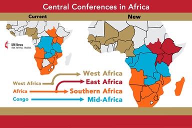 The United Methodist Church is getting a new map in Africa. When the Africa Central Conference meets March 13-17 in Johannesburg, the central conference will split to form the Southern Africa and East Africa central conferences. Central conferences are responsible for electing bishops and making adaptations to the Book of Discipline for their missional context. Graphic by Ben Ward, UM News.  The United Methodist Church is getting a new map in Africa. When the Africa Central Conference meets March 13-17 in Johannesburg, the central conference will split to form the Southern Africa and East Africa central conferences. Central conferences are responsible for electing bishops and making adaptations to the Book of Discipline for their missional context. Graphic by Ben Ward, UM News.