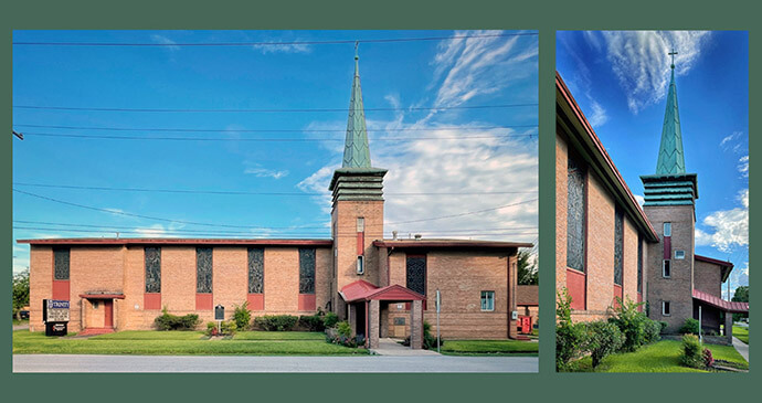 The current building for Trinity Methodist Church, with its striking steeple, dates to 1953 and was designed by George F. Pierce, Abel B. Pierce (The Pierce-Pierce firm, founded in 1946). Photos by Ben Koush of Ben Koush and Associates (benkoush.com).