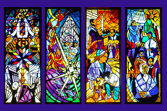 Four of the stained-glass windows at Trinity United Methodist Church in Houston include (from left): biblical symbols, Christian faith and tributes to America’s historic Civil Rights and Women’s Rights movements. Noted African American artist Jean Lacy designed the windows. Photo courtesy of Trinity United Methodist Church.