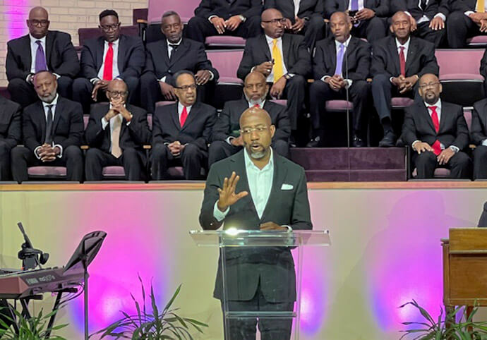 The Rev. Raphael Warnock, U.S. senator for Georgia and senior pastor of Ebenezer Baptist Church in Atlanta, preaches at St. Luke Community United Methodist Church on May 30, 2024, during their Men’s Month celebration. His visit followed St. Luke’s Saturday town hall community meeting to address Dallas’ gun violence crisis. File photo courtesy of St. Luke Community United Methodist Church.