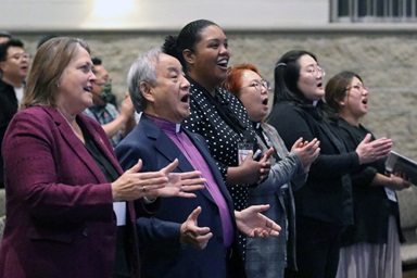 Participants sing during opening worship at the 2023 special session of the National Association of Korean American United Methodists at Korean First United Methodist Church in Wheeling, Ill., on Oct. 2. The Southeastern Jurisdiction has scheduled its first Asian American Ministers Gathering in May to bring clergy together for fellowship, resources and ministerial support. Pictured from left are Bishops Dottie Escobedo-Frank and Hee-Soo Jung, Dana Lyles and the Revs. MiRhang Baek, Prumeh Lee and Ju-Yeon Julie Jeon. File photo by the Rev. Thomas E. Kim, UM News. Participants sing during opening worship at the 2023 special session of the National Association of Korean American United Methodists at Korean First United Methodist Church in Wheeling, Ill., on Oct. 2. The Southeastern Jurisdiction has scheduled its first Asian American Ministers Gathering in May to bring clergy together for fellowship, resources and ministerial support. Pictured from left are Bishops Dottie Escobedo-Frank and Hee-Soo Jung, Dana Lyles and the Revs. MiRhang Baek, Prumeh Lee and Ju-Yeon Julie Jeon. File photo by the Rev. Thomas E. Kim, UM News.