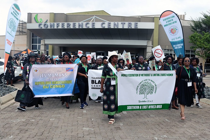 Hundreds of members of the World Federation of Methodist and Uniting Church Women march in Gaborone, Botswana, wearing black in solidarity with victims and survivors of gender-based violence. The issue dominated conversations at the group’s Southern and East Africa seminar held April 3-6 in the country’s capital. Photo by Eveline Chikwanah, UM News. Hundreds of members of the World Federation of Methodist and Uniting Church Women march in Gaborone, Botswana, wearing black in solidarity with victims and survivors of gender-based violence. The issue dominated conversations at the group’s Southern and East Africa seminar held April 3-6 in the country’s capital. Photo by Eveline Chikwanah, UM News.