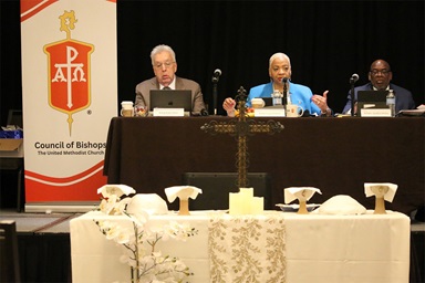 Council of President Tracy S. Malone (center), who also leads the Indiana Conference, addresses her fellow bishops and those watching on livestream on May 2, final day of the Council of Bishops 2025 spring meeting in Chicago. The bishops released a statement late that day trying to ease concerns about a Judicial Council ruling on same-sex weddings. Sitting beside Malone, from left, are Horizon Texas Conference Bishop Ruben Saenz Jr., president-designate, and Bishop L. Jonathan Holston, secretary. Holston leads the Alabama-West Florida and North Alabama conferences. Photo by Rick Wolcott, Council of Bishops. Council of President Tracy S. Malone (center), who also leads the Indiana Conference, addresses her fellow bishops and those watching on livestream on May 2, final day of the Council of Bishops 2025 spring meeting in Chicago. The bishops released a statement late that day trying to ease concerns about a Judicial Council ruling on same-sex weddings. Sitting beside Malone, from left, are Horizon Texas Conference Bishop Ruben Saenz Jr., president-designate, and Bishop L. Jonathan Holston, secretary. Holston leads the Alabama-West Florida and North Alabama conferences. Photo by Rick Wolcott, Council of Bishops.
